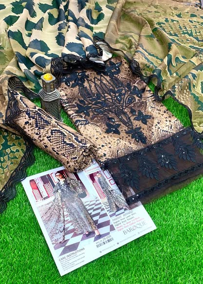 Beige & Black Baroque Printed Lawn 3PC Suit with Premium Bamber Dupatta – Summer Collection 2026