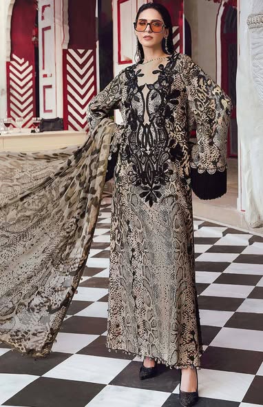 Beige & Black Baroque Printed Lawn 3PC Suit with Premium Bamber Dupatta – Summer Collection 2026