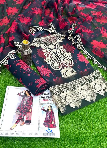 Black & Red Floral Printed Lawn 3PC Suit with Bamber Dupatta – Summer Collection 2026