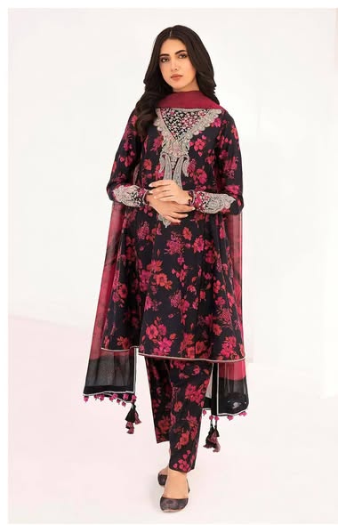 Black & Red Floral Printed Lawn 3PC Suit with Bamber Dupatta – Summer Collection 2026