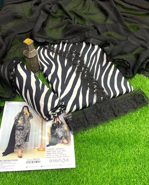 Black & White Zebra Printed Lawn 3PC Suit with Premium Bamber Dupatta – Summer Collection 2026