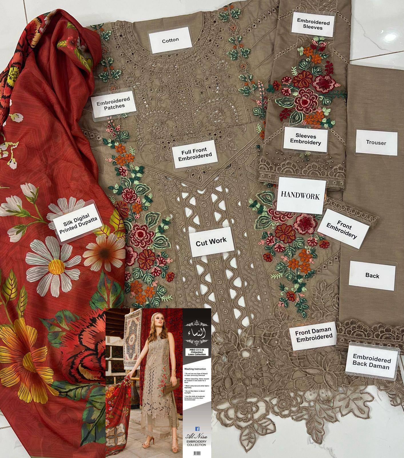 Chikankari Lawn D2313-A 3PC Suit with Digital Silk Dupatta – Premium Collection