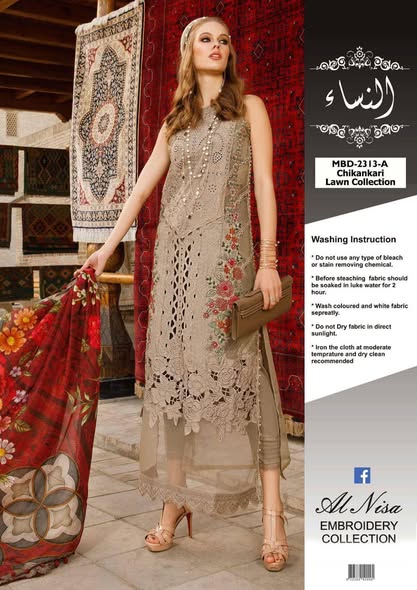 Chikankari Lawn D2313-A 3PC Suit with Digital Silk Dupatta – Premium Collection