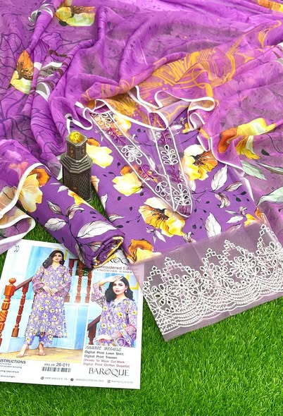 Lavender Floral Printed Lawn 3PC Suit with Premium Bamber Dupatta – Summer Collection 2026
