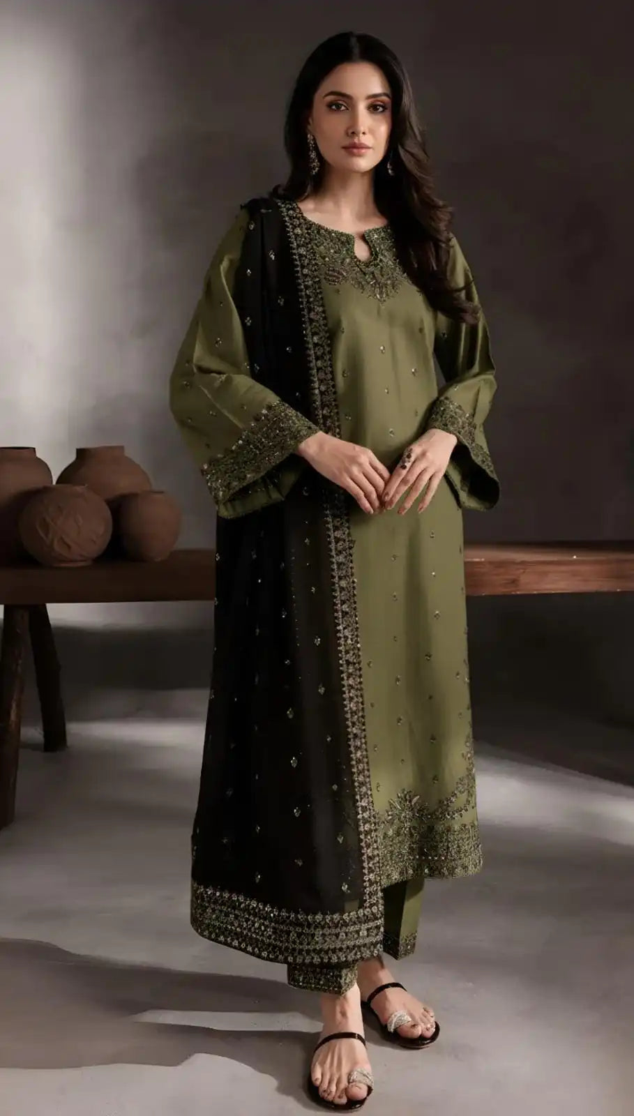 Olive Green Luxury Embroidered Lawn Suit 3PC with Bamber Dupatta – Summer Collection 2026