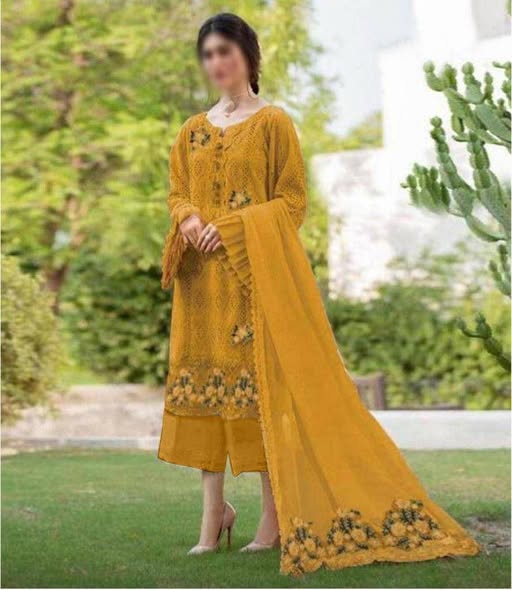 ZaraQash Mustard Chikan Kari Lawn Cotton 3PC Suit with Chiffon Dupatta – Unstitched Premium Replica
